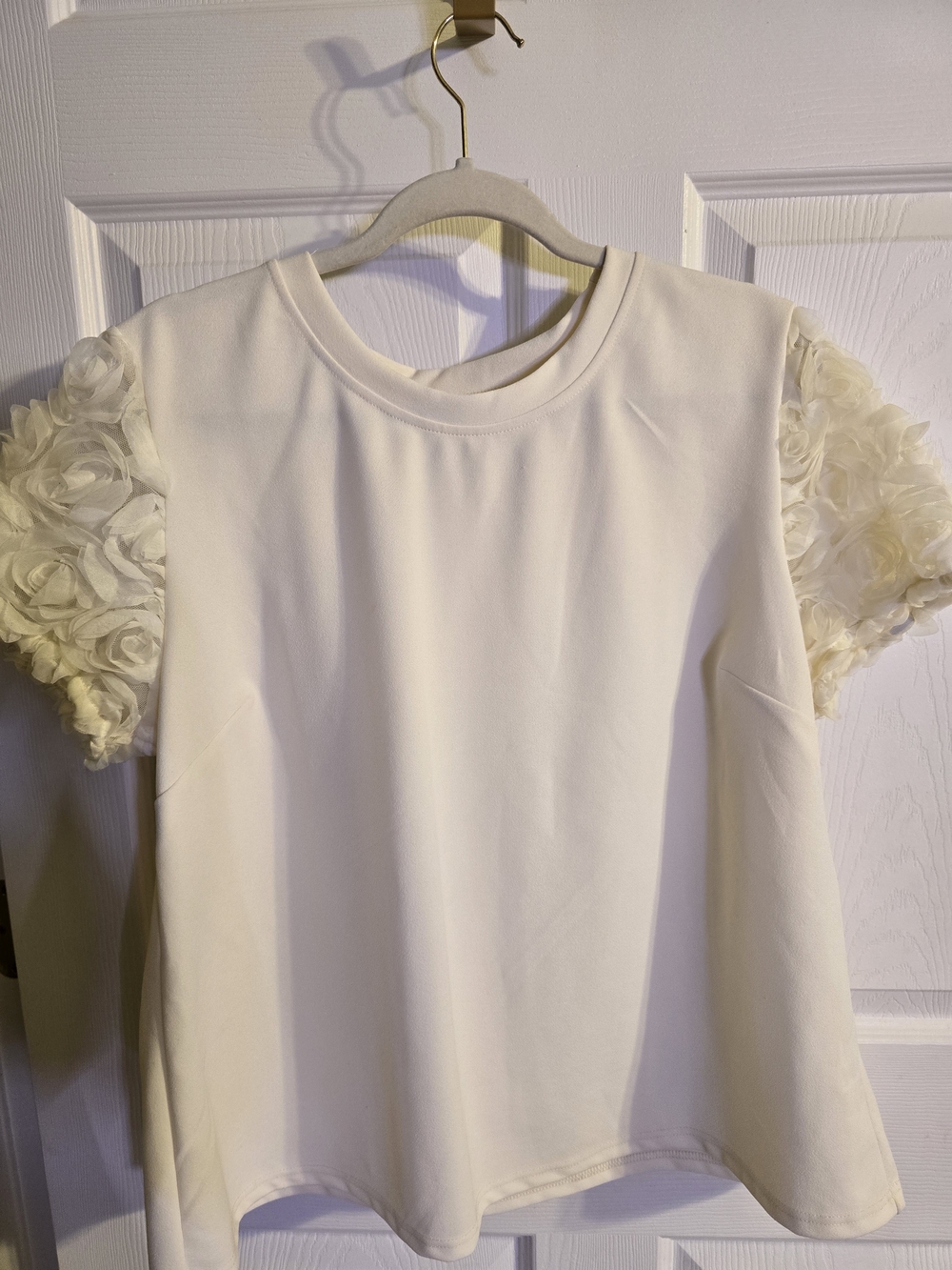 Cato Cream Short Sleeve Top with Rosette Puff Sleeves